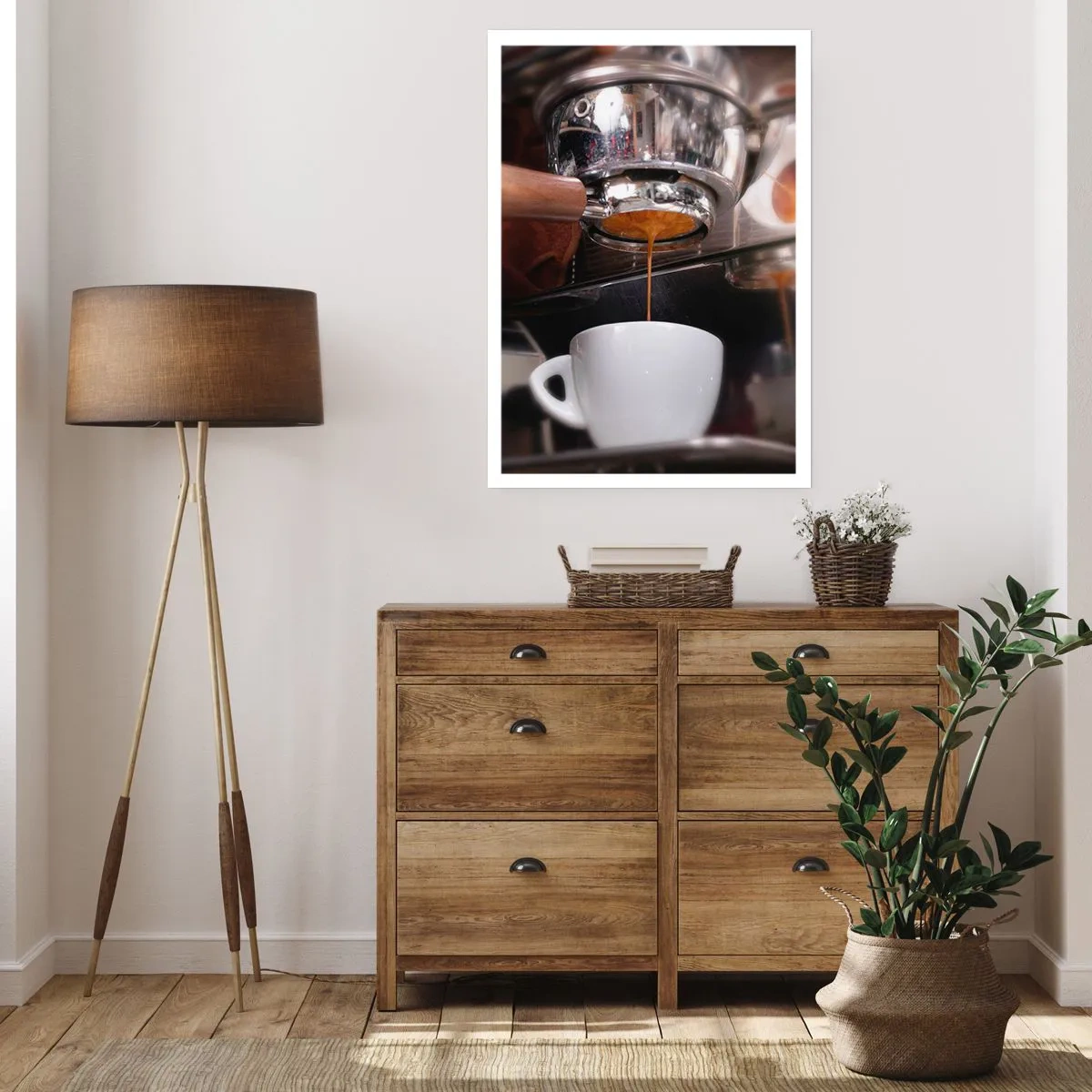 Poster - Eine Kaffeemaschine gießt frischen Espresso in eine Tasse - 50x70cm - Gute Zeit des Tages - Moderne Wanddekoration für Wohnzimmer und Schlafzimmer ARTTOR