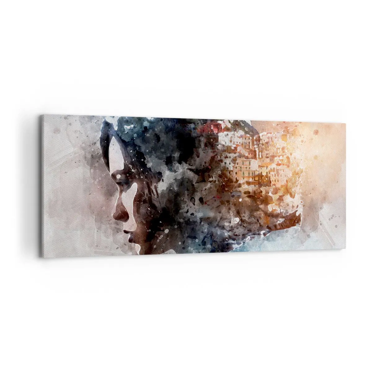Bild auf Leinwand - Leinwandbild - Porträt einer Frau, die ihr Gesicht mit einer Stadtlandschaft im Hintergrund kombiniert - 120x50cm - Eine Geschichte über ein Mädchen mit einer Stadt im Hintergrund - Moderne Wanddekoration für Wohnzimmer und Schlafzimme
