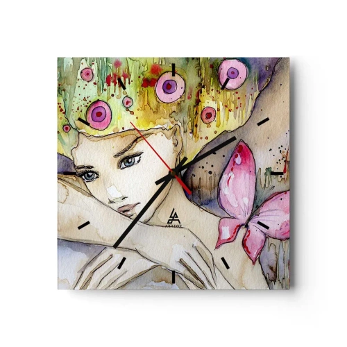 Wanduhr - Glasuhr - Eine Frau mit abstrakter Frisur und einem rosa Schmetterling - 30x30cm - Schmetterlingsprinzessin - Moderne Wanddekoration für Wohnzimmer und Schlafzimmer ARTTOR