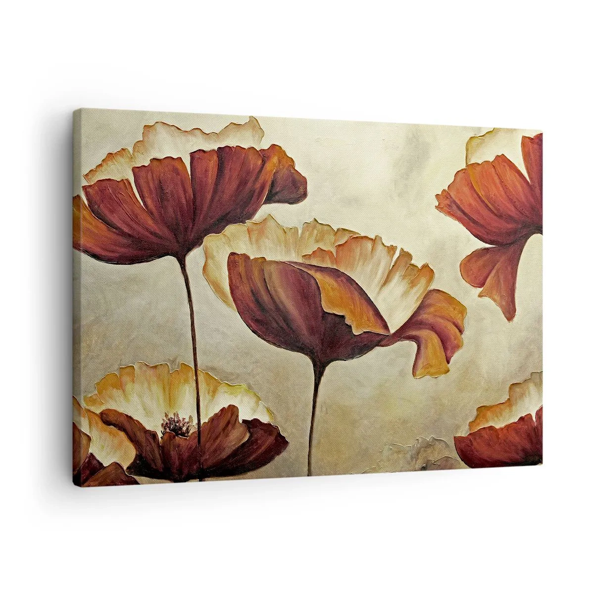 Bild auf Leinwand - Leinwandbild - Dezente Blumen in Rot- und Goldtönen auf hellem Untergrund - 70x50cm - Weideland - Moderne Wanddekoration für Wohnzimmer und Schlafzimmer ARTTOR