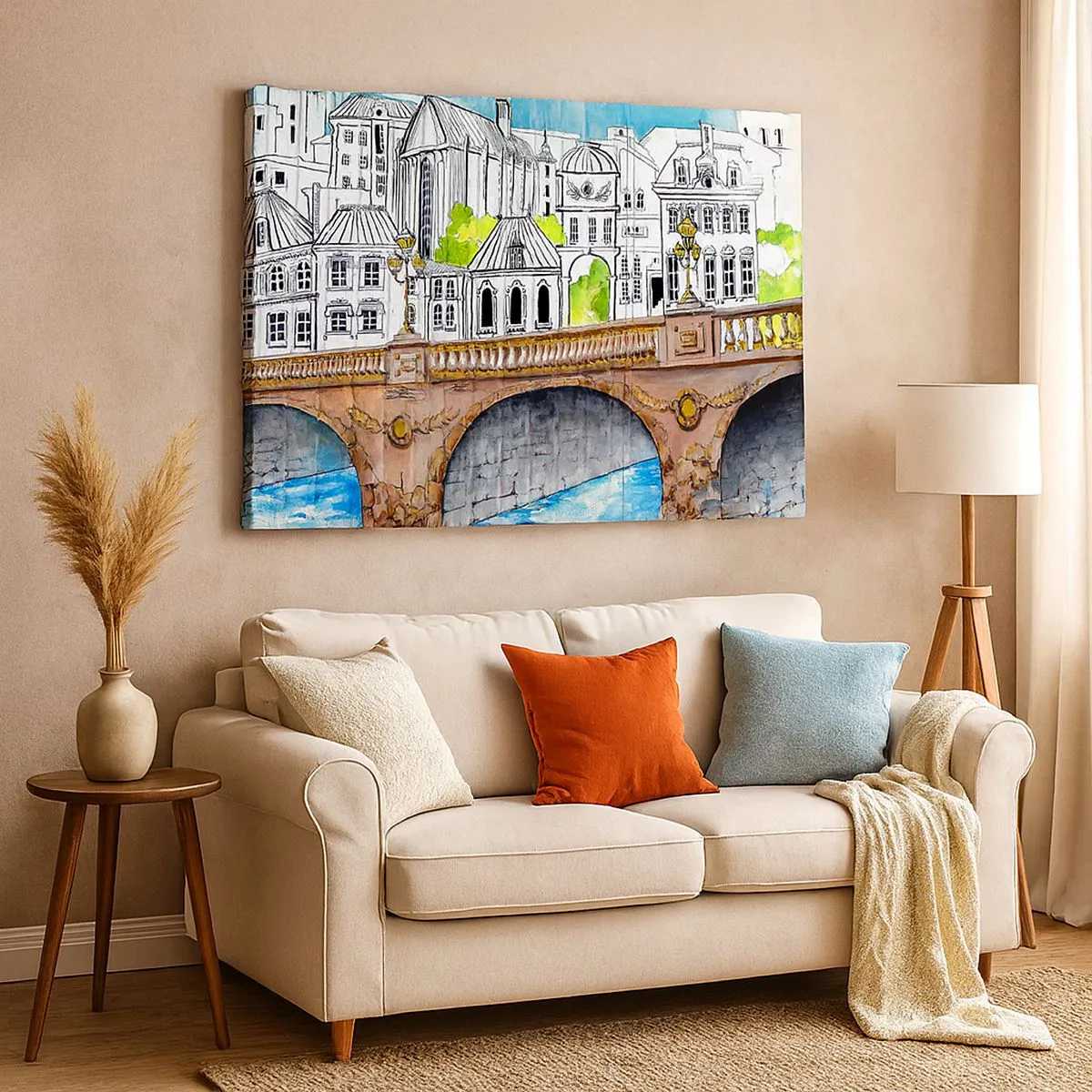Bild auf Leinwand - Leinwandbild - Zeichnung der Brücke und historische Stadtarchitektur - 70x50cm - Die Stadt ist gemalt - Moderne Wanddekoration für Wohnzimmer und Schlafzimmer ARTTOR