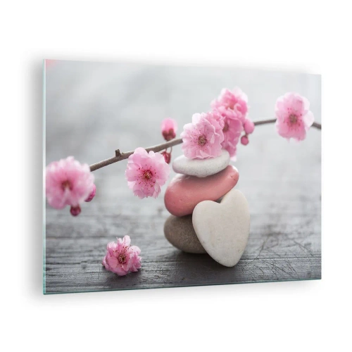 Glasbild - Bild auf glas - Rosa Kirschblüten und herzförmige Steine - 70x50cm - Glückseligkeit mit einer Kirschblüte - Moderne Wanddekoration für Wohnzimmer und Schlafzimmer ARTTOR