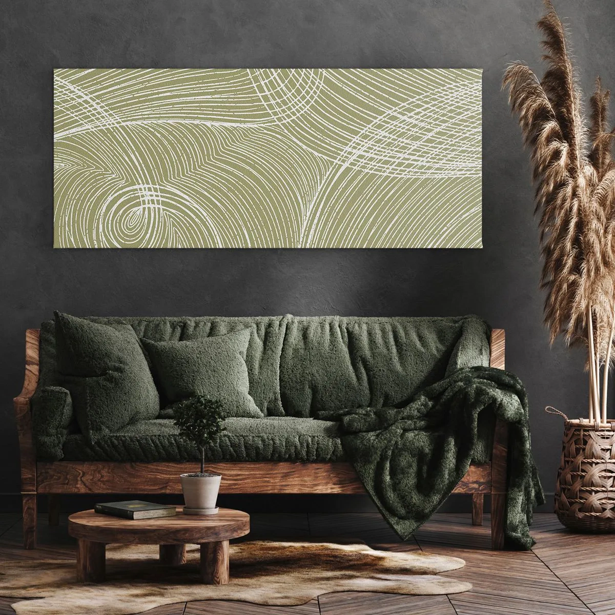 Bild auf Leinwand - Leinwandbild - Grüne und weiße Linien in einer abstrakten Komposition - 160x50cm - Komplizierte Abstraktion in Weiß - Moderne Wanddekoration für Wohnzimmer und Schlafzimmer ARTTOR