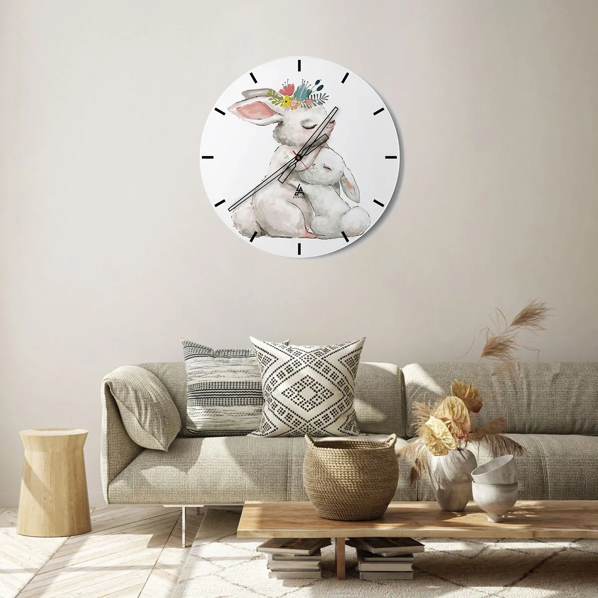 Wanduhr - Glasuhr - Zwei kuschelige Häschen, das größere mit Blumenkrone - 30x30cm - Bei Mama ist's am schönsten - Moderne Wanddekoration für Wohnzimmer, Küche und Schlafzimmer ARTTOR