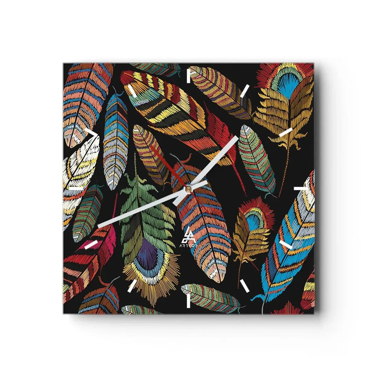 Wanduhr - Glasuhr - Bunte Federn auf schwarzem Hintergrund - 30x30cm - Der Vogelkarneval - Moderne Wanddekoration für Wohnzimmer und Schlafzimmer ARTTOR