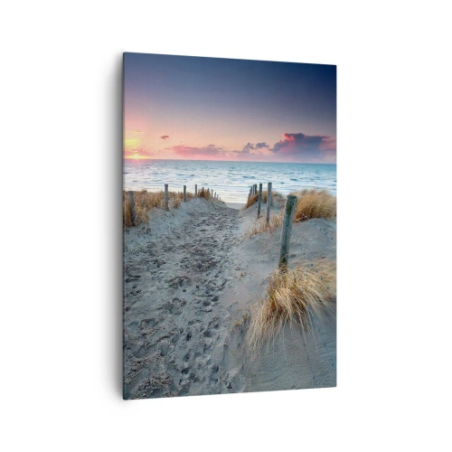 Bild auf Leinwand - Leinwandbild - Weg zum Strand bei Sonnenuntergang - 70x100cm - Du hast einen Regenbogen aus strahlendem Licht verschüttet ... - Moderne Wanddekoration für Wohnzimmer und Schlafzimmer ARTTOR