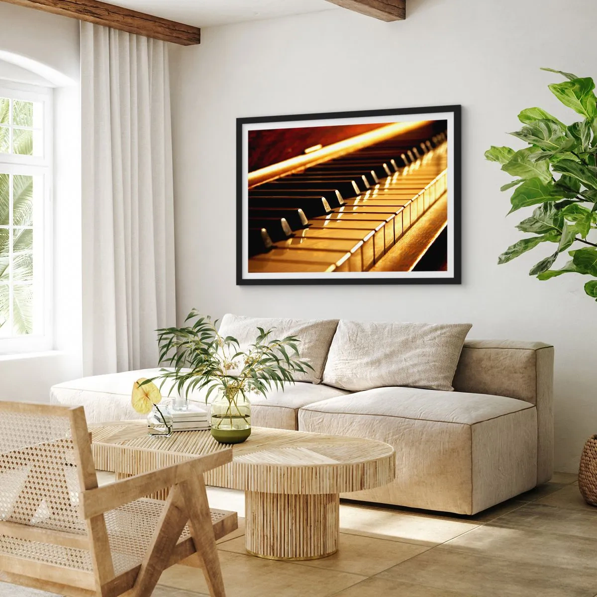 Poster in einem schwarzem Rahmen - Klaviertastatur in goldener Beleuchtung - 70x50cm - Endlose Möglichkeiten - Moderne Wanddekoration für Wohnzimmer und Schlafzimmer ARTTOR