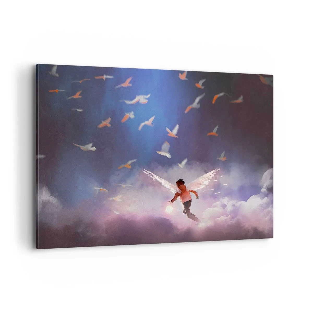 Bild auf Leinwand - Leinwandbild - Eine Figur mit Engelsflügeln, die zwischen Vögeln am Himmel schwebt - 100x70cm - Du brauchst Fantasie und Mut - Moderne Wanddekoration für Wohnzimmer und Schlafzimmer ARTTOR