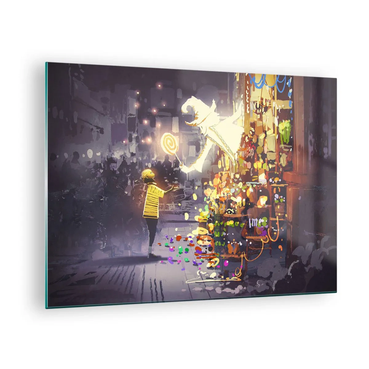 Glasbild - Bild auf glas - Ein Kind in einem hellen T-Shirt an einem hellen Stand voller bunter Süßigkeiten - 70x50cm - Magie ist da - Moderne Wanddekoration für Wohnzimmer und Schlafzimmer ARTTOR