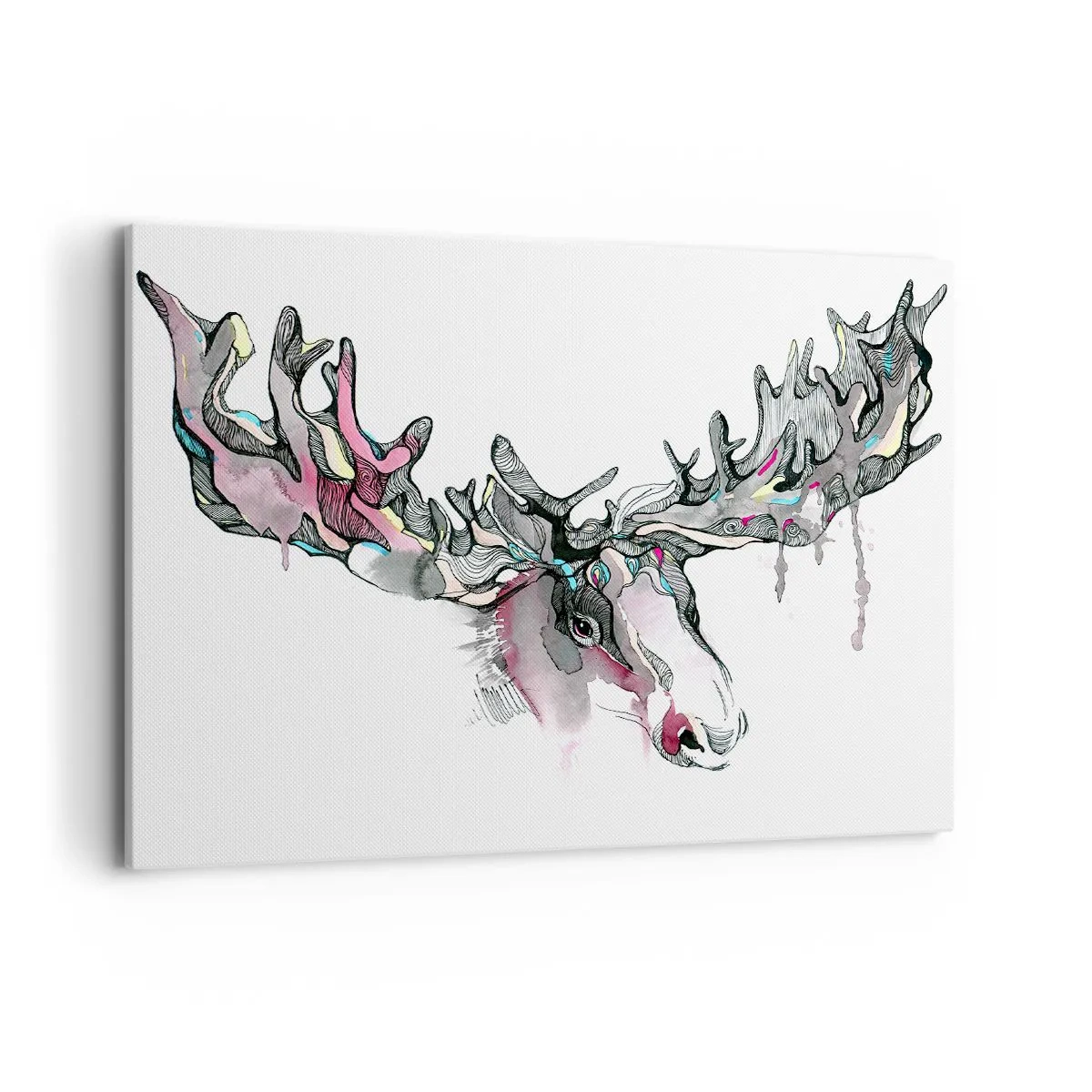 Bild auf Leinwand - Leinwandbild - Künstlerisches Aquarell eines Elches mit üppigem Geweih - 100x70cm - Krone des Waldkönigs - Moderne Wanddekoration für Wohnzimmer und Schlafzimmer ARTTOR