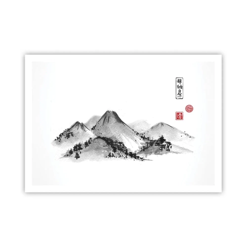 Poster - Traditionelle Berglandschaft im Stil der japanischen Tuschemalerei - 100x70cm - Unendliche Fernen - Moderne Wanddekoration für Wohnzimmer und Schlafzimmer ARTTOR