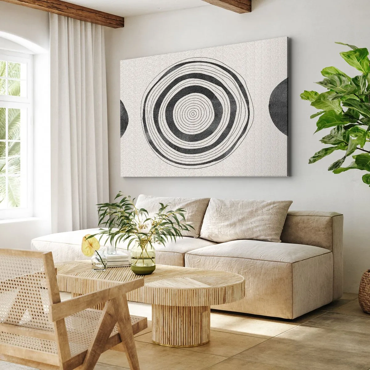 Bild auf Leinwand - Leinwandbild - Minimalistische schwarz-weiße Kreise auf hellem Hintergrund - 70x50cm - Wichtig ist, was dazwischen liegt - Moderne Wanddekoration für Wohnzimmer und Schlafzimmer ARTTOR