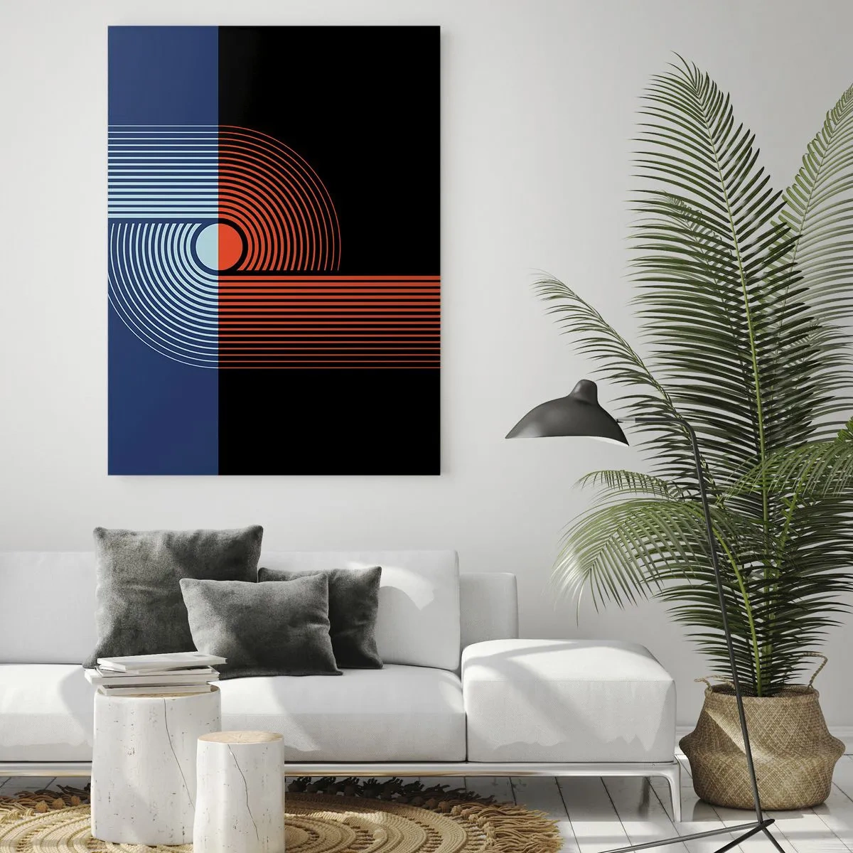 Glasbild - Bild auf glas - Geometrische Abstraktion mit Linien in Marineblau und Orange. - 70x100cm - In einer geometrischen Umarmung - Moderne Wanddekoration für Wohnzimmer und Schlafzimmer ARTTOR