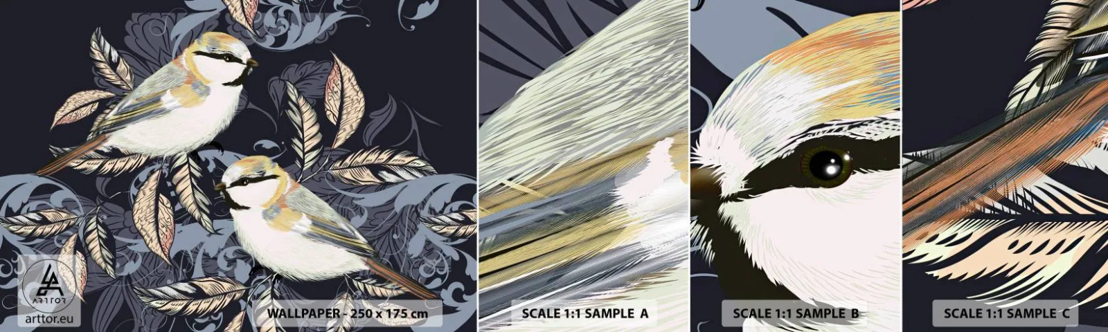 Fototapeten Muster Selbstklebend Deluxe Sticker - Gelb-blauer Triller - Abstraktion, Vögel, Blätter - 100x30 cm