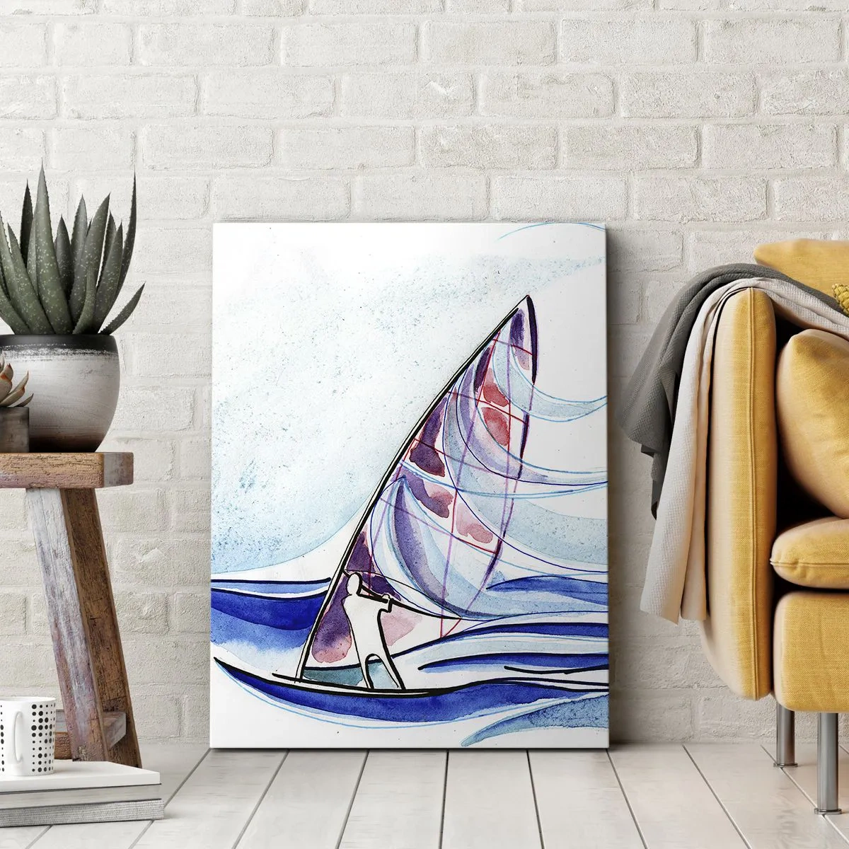 Bild auf Leinwand - Leinwandbild - Ein Surfer, der in einer abstrakten Aquarellkomposition auf den Wellen reitet - 50x70cm - Mit dem Wind im Rhythmus der Wellen - Moderne Wanddekoration für Wohnzimmer und Schlafzimmer ARTTOR