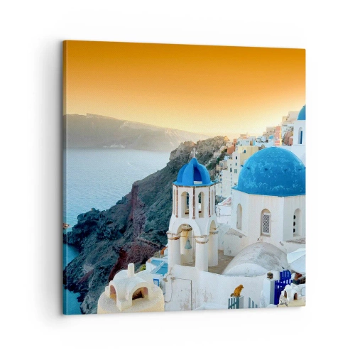 Bild auf Leinwand - Leinwandbild - Santorini - an die Felsen gekuschelt - 60x60 cm