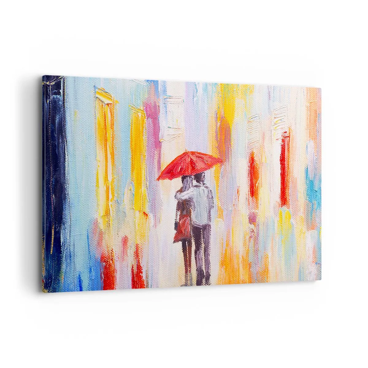 Bild auf Leinwand - Leinwandbild - Ein Paar unter einem roten Regenschirm mit bunten Gebäuden im Hintergrund. - 100x70cm - Lass es weiter regnen - Moderne Wanddekoration für Wohnzimmer und Schlafzimmer ARTTOR