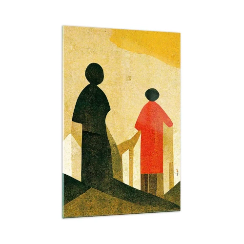 Glasbild - Bild auf glas - Geometrische Silhouetten in Rot und Grün auf gelbem Hintergrund - 70x100cm - Es ist noch ein langer Weg - Moderne Wanddekoration für Wohnzimmer und Schlafzimmer ARTTOR