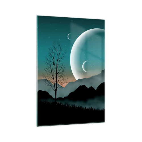 Glasbild - Bild auf glas - Neblige Berge mit dem Mond und einem einsamen Baum - 70x100cm - Karneval in der Sternenacht - Moderne Wanddekoration für Wohnzimmer und Schlafzimmer ARTTOR