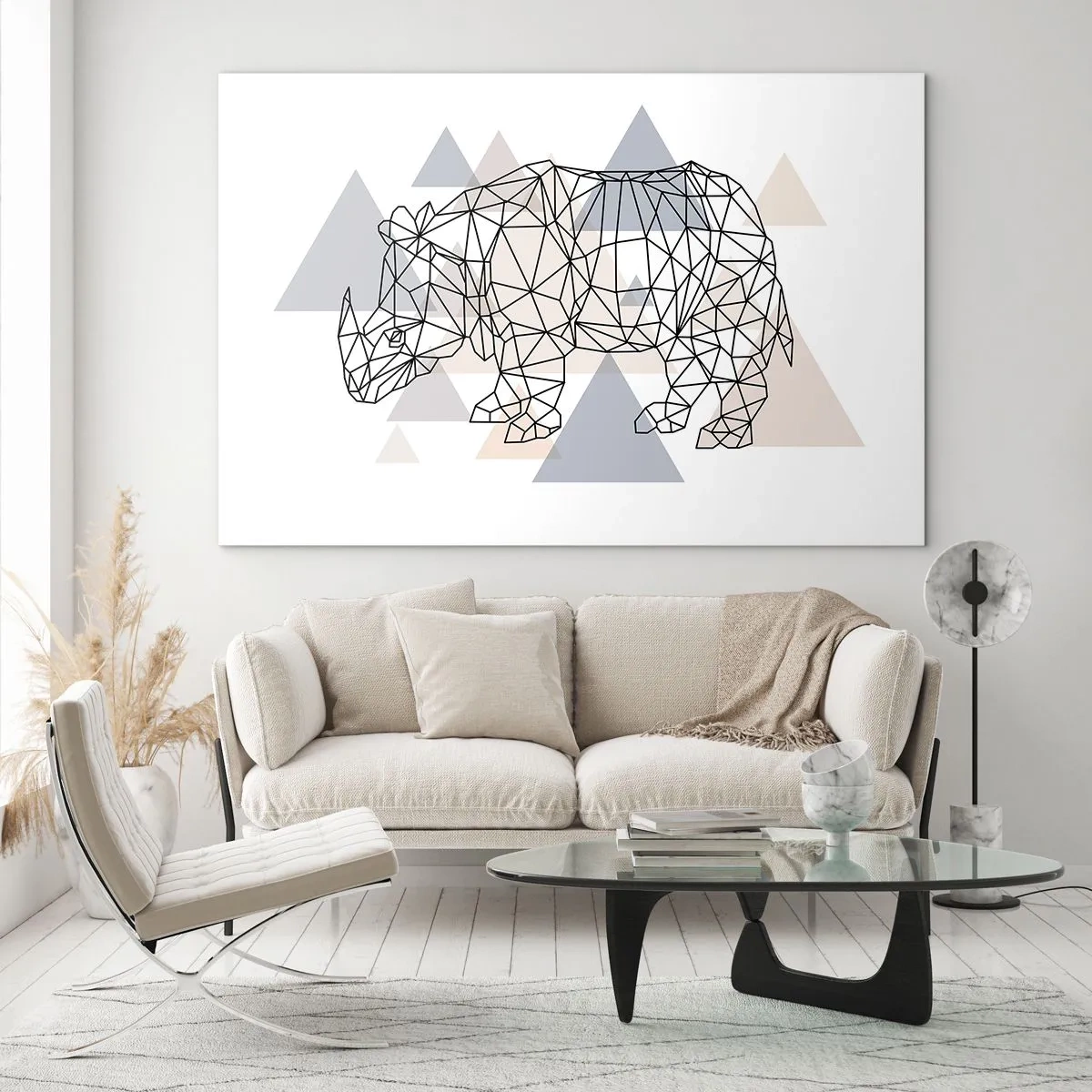 Glasbild - Bild auf glas - Geometrische Zeichnung eines Nashorns auf hellem Hintergrund - 100x70cm - Struktur der Stärke - Moderne Wanddekoration für Wohnzimmer und Schlafzimmer ARTTOR