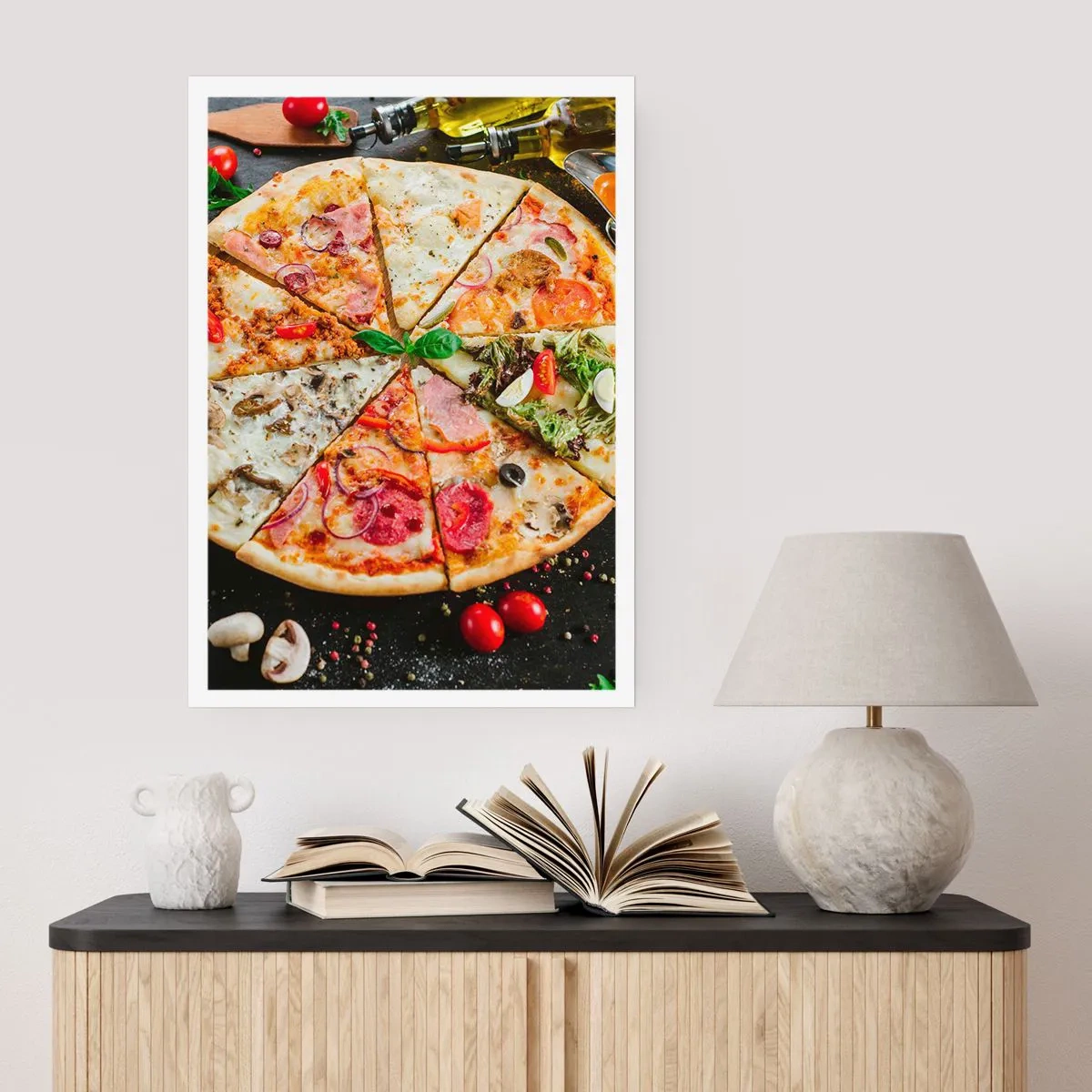 Poster - Bunte Pizza in verschiedene Stücke aufgeteilt - 50x70cm - Eine Reihe von Geschmacksrichtungen - Moderne Wanddekoration für Wohnzimmer und Schlafzimmer ARTTOR