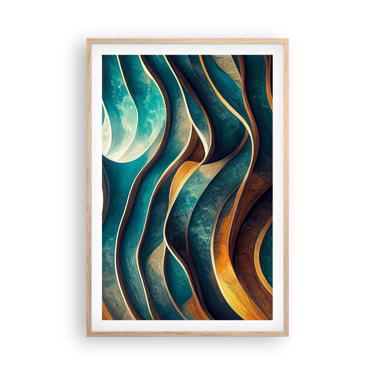 Poster in einem Rahmen aus heller Eiche - Blaue Mäander - 61x91 cm