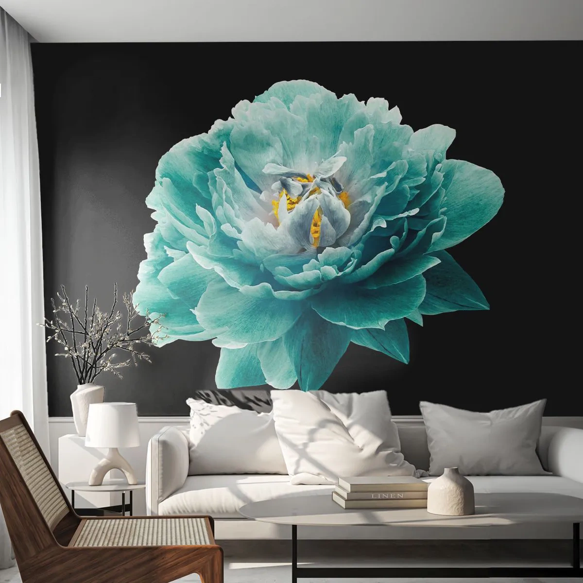 Fototapete Premium Canvas - Blaue und goldene Blütenblätter - Blume, Blühen, Pfingstrose - 250x175 cm