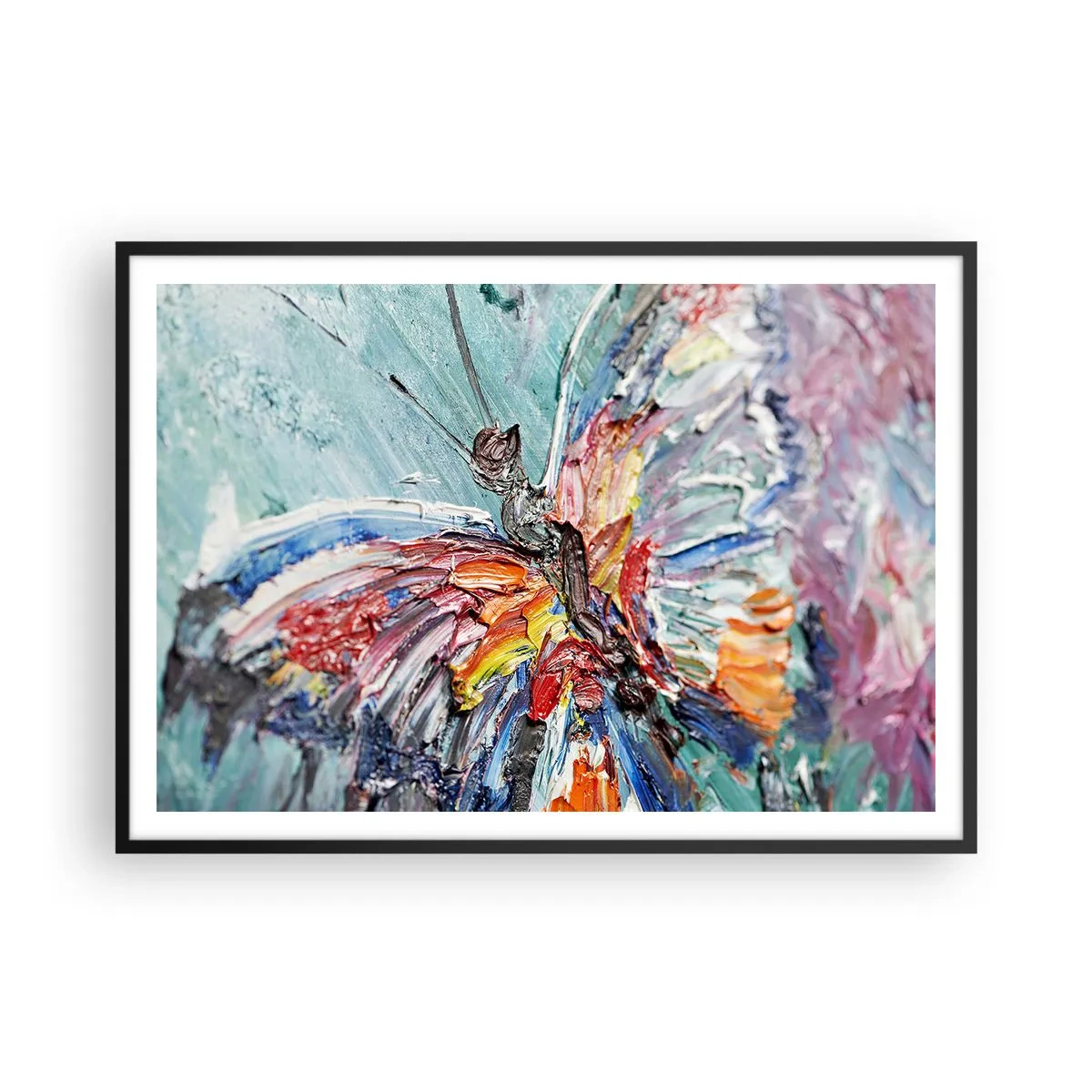 Poster in einem schwarzem Rahmen - Bunter Impasto-Schmetterling auf pastellfarbenem Hintergrund - 100x70cm - Von der Natur gemalt - Moderne Wanddekoration für Wohnzimmer und Schlafzimmer ARTTOR