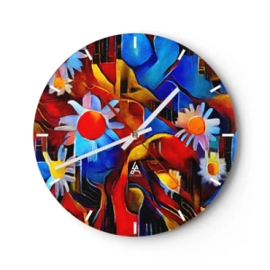 Wanduhr - Glasuhr - Abstrakte Komposition aus Blumen in intensiven Farben - 30x30cm - Die Farben des Lebens - Moderne Wanddekoration für Wohnzimmer, Küche und Schlafzimmer ARTTOR