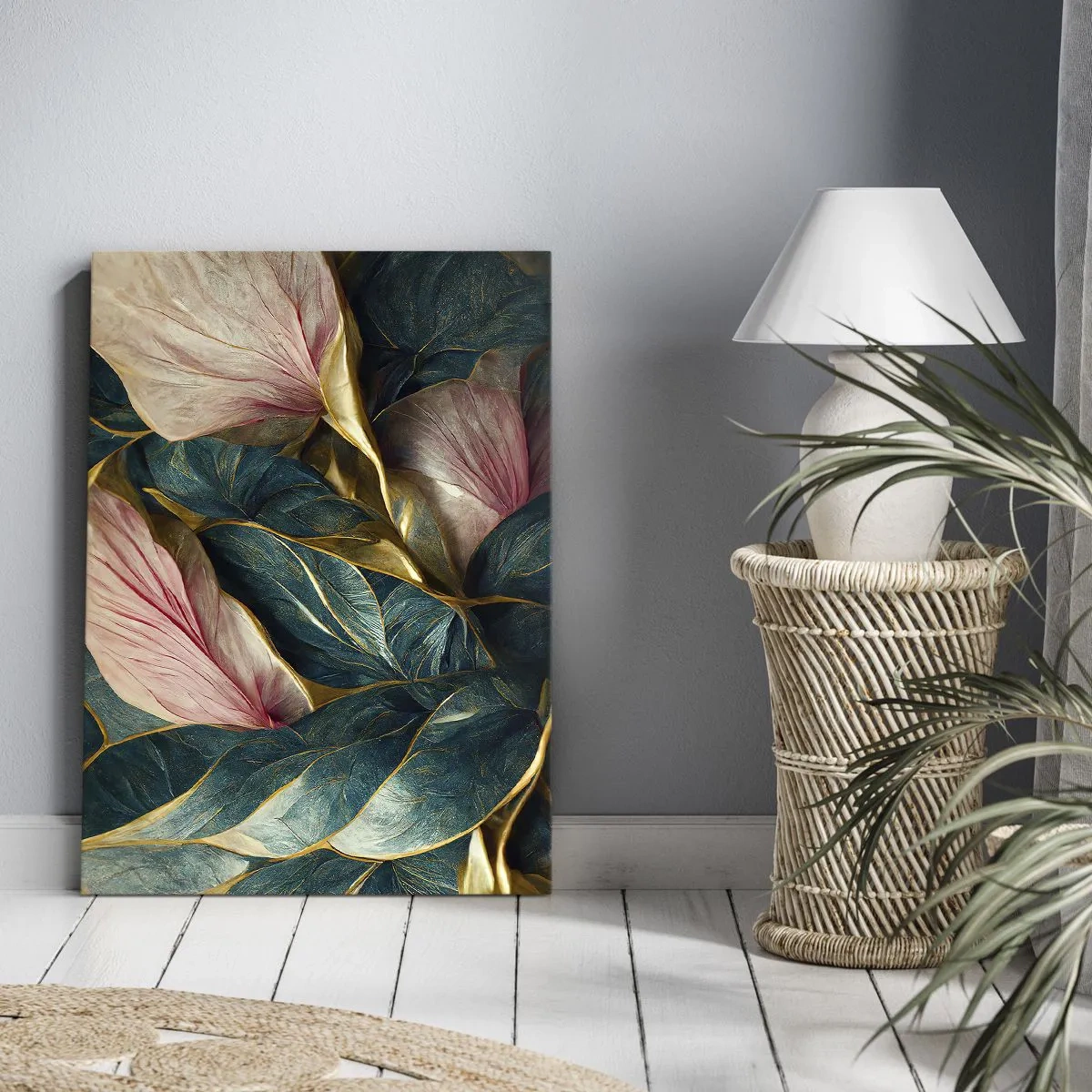 Bild auf Leinwand - Leinwandbild - Elegante Blätter in Grün, Gold und Pink - 50x70cm - Natürliche Eleganz und Stil - Moderne Wanddekoration für Wohnzimmer und Schlafzimmer ARTTOR