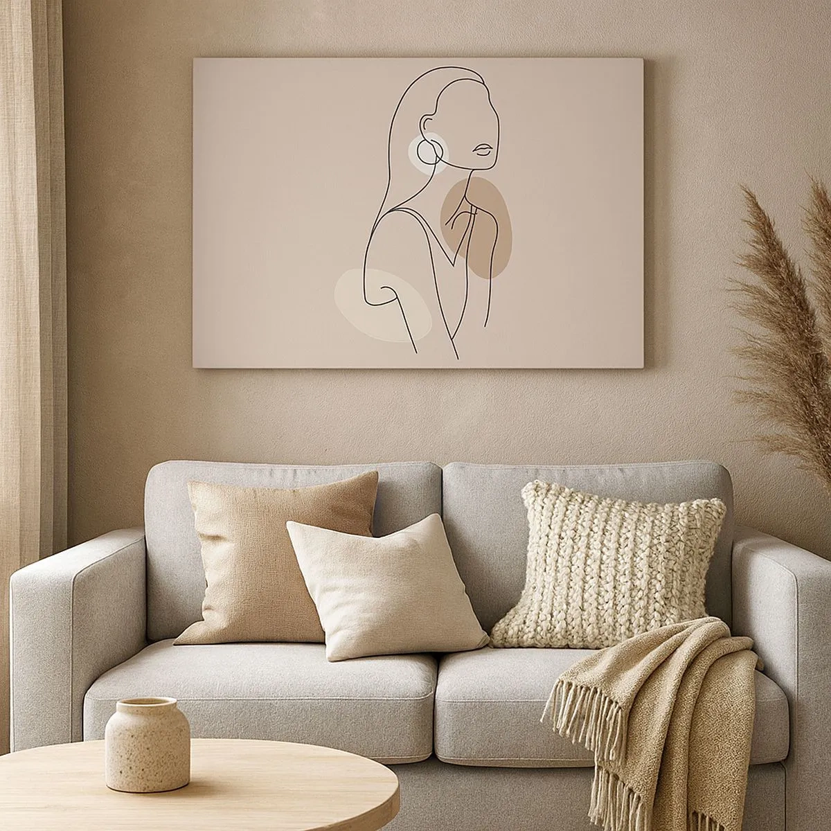 Bild auf Leinwand - Leinwandbild - Minimalistische Illustration einer Frau mit Umrissen auf beigem Hintergrund - 70x50cm - Mädchenhafte Ikone - Moderne Wanddekoration für Wohnzimmer und Schlafzimmer ARTTOR
