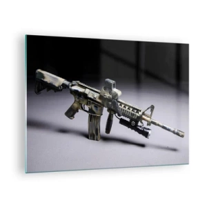 Glasbild - Bild auf glas - Ein modernes Gewehr auf dunklem Hintergrund mit industriellem Akzent - 70x50cm - Immer bedrohlich - Moderne Wanddekoration für Wohnzimmer und Schlafzimmer ARTTOR