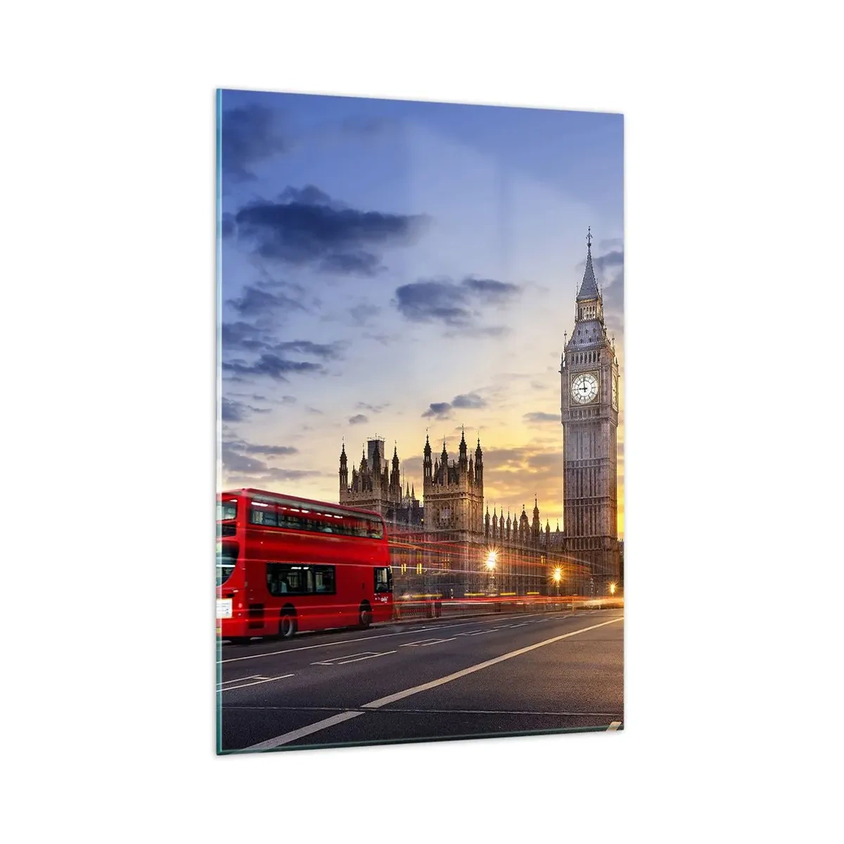 Glasbild - Bild auf glas - Ein roter Bus mit Big Ben und den Houses of Parliament im Hintergrund in der Abenddämmerung. - 80x120cm - Spezielle Charaktere - Moderne Wanddekoration für Wohnzimmer und Schlafzimmer ARTTOR