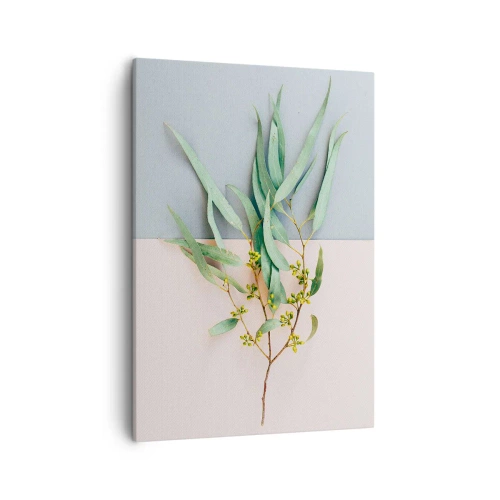 Bild auf Leinwand - Leinwandbild - Ein Zweig mit Blättern auf einem Hintergrund in Pastelltönen - 50x70cm - Pastellige Subtilität - Moderne Wanddekoration für Wohnzimmer und Schlafzimmer ARTTOR