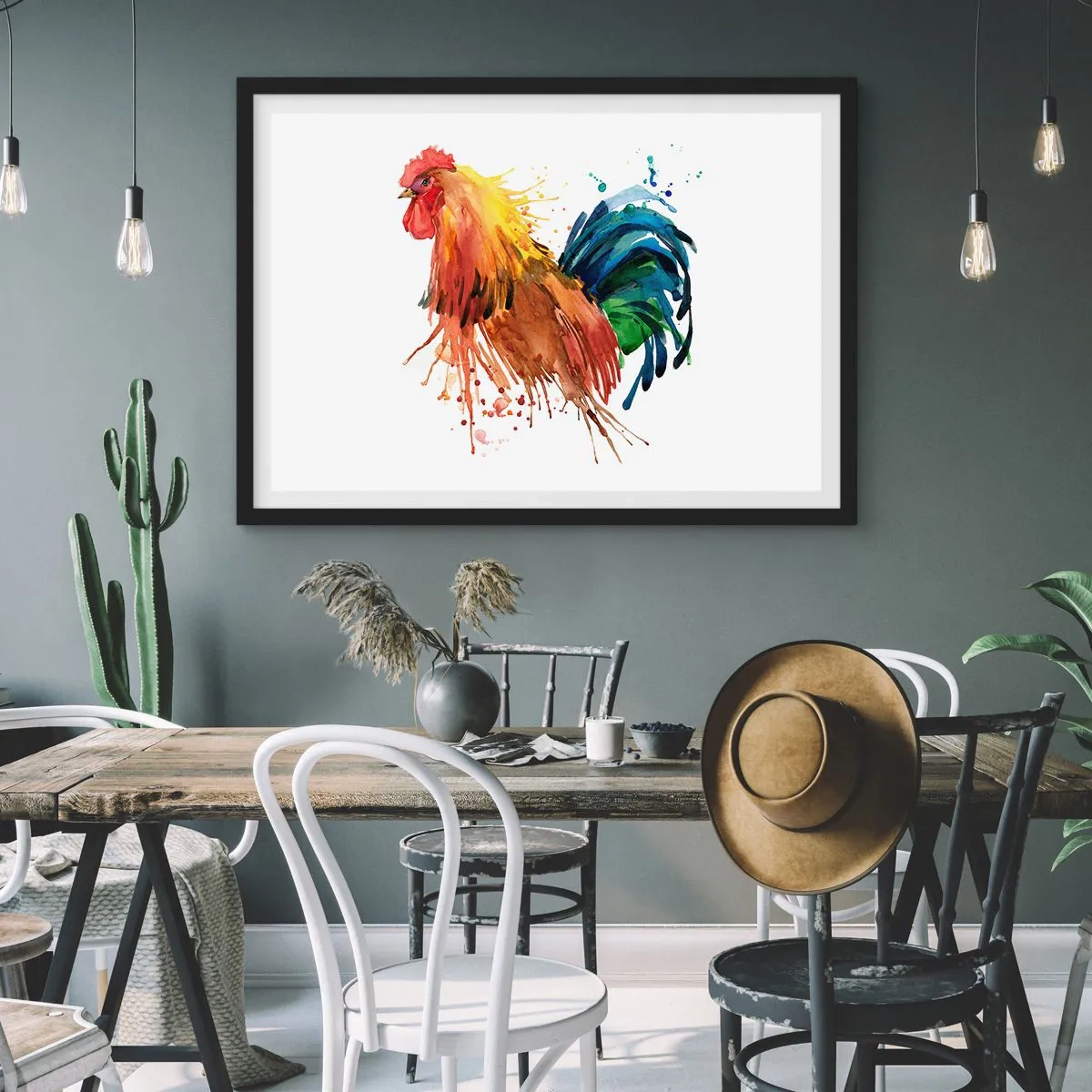 Poster in einem schwarzem Rahmen - Bunter Hahn im Aquarellstil - 100x70cm - Königliches Gewand, königlicher Stolz - Moderne Wanddekoration für Wohnzimmer und Schlafzimmer ARTTOR