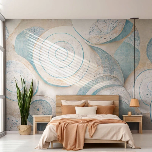 Fototapete Premium Sand - Abstrakte Muscheln in Pastellblau und Beige - 100x70cm - Was verbirgt sich in der Muschel? - Moderne Wanddekoration für Wohnzimmer und Schlafzimmer ARTTOR