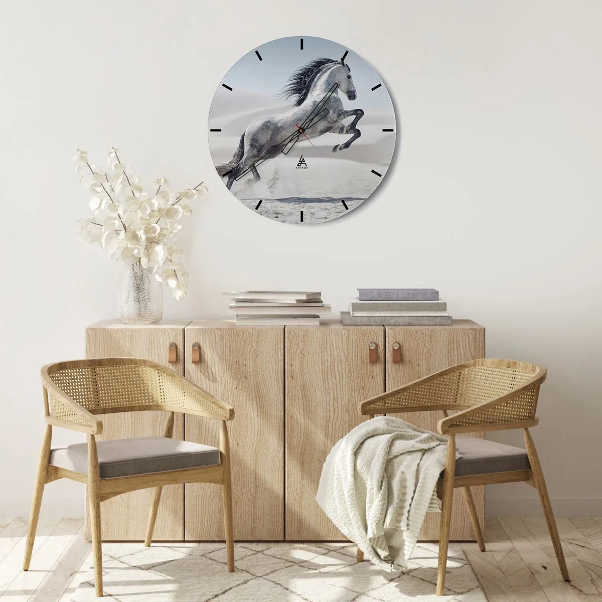 Wanduhr - Glasuhr - Ein springendes arabisches Pferd vor einem Wüstenhintergrund - 30x30cm - Arabischer Prinz - Moderne Wanddekoration für Wohnzimmer, Küche und Schlafzimmer ARTTOR