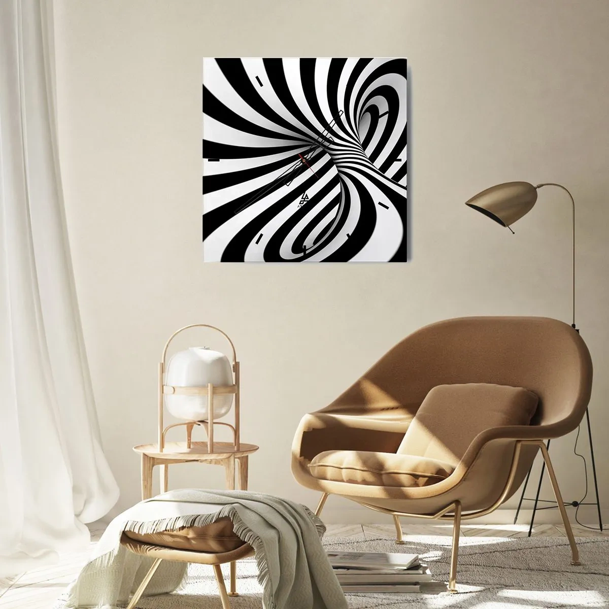 Wanduhr - Glasuhr - Abstrakter Tunnel mit schwarz-weißen Spiralstreifen - 30x30cm - Komposition: Tanzraum - Moderne Wanddekoration für Wohnzimmer und Schlafzimmer ARTTOR