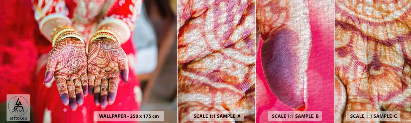 Fototapeten Muster Premium Canvas - Bereit, das Glück zu fangen? - Frauenhände, Orientalische Designs, Indien - 100x30 cm