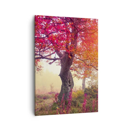 Bild auf Leinwand - Leinwandbild - Herbstlandschaft mit Bäumen in intensiven Farben - 50x70cm - Blühende Raserei - Moderne Wanddekoration für Wohnzimmer und Schlafzimmer ARTTOR