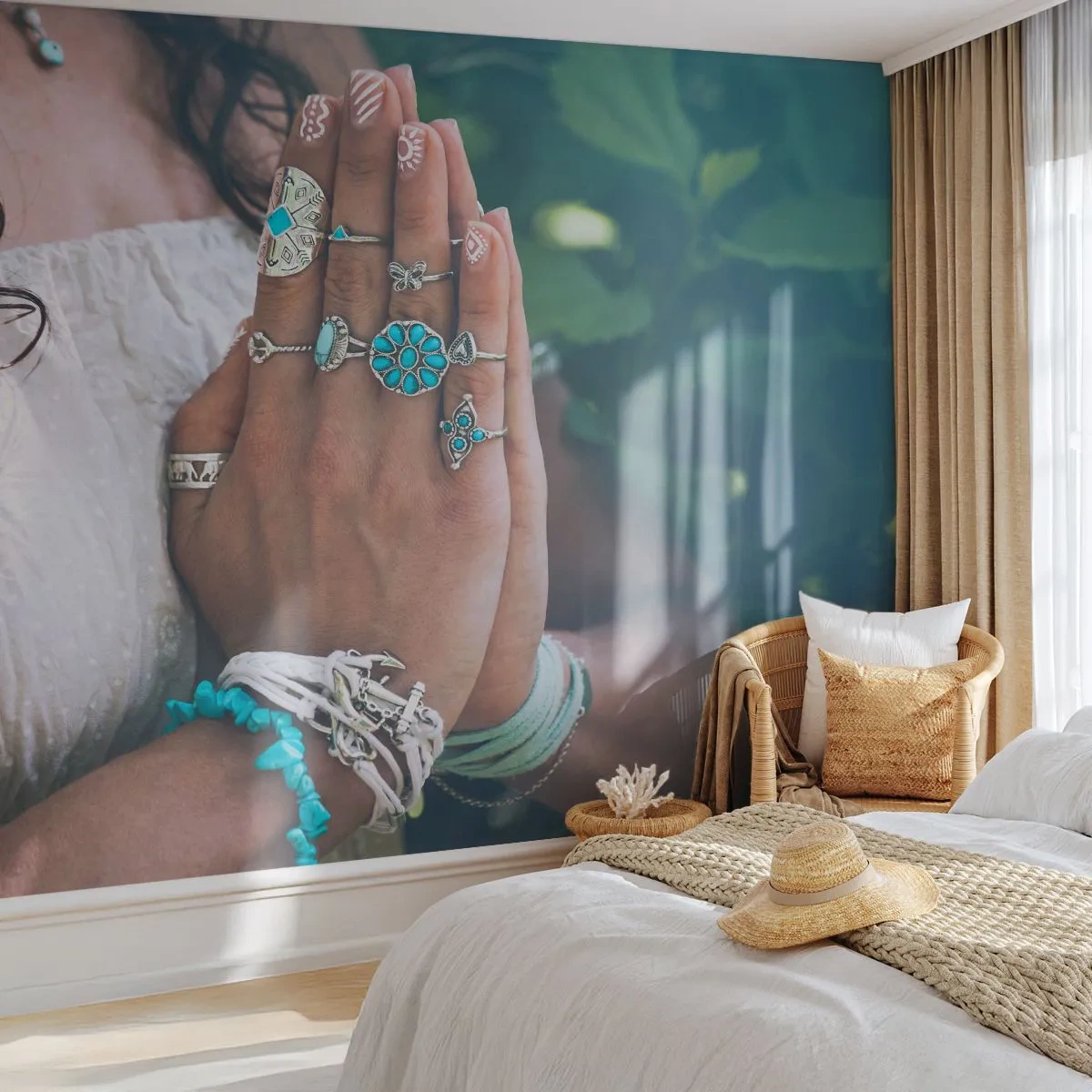 Fototapete Premium Sand - Willkommen im Zentrum des Seins - Frau, Schmuck, Boho - 300x210 cm