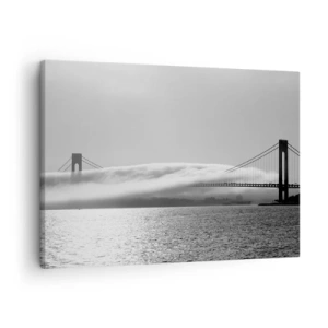 Bild auf Leinwand - Leinwandbild - Eine Brücke über Wasser, eingehüllt in Nebel in einer Schwarz-Weiß-Aufnahme - 70x50cm - Segeln durch das Goldene Tor - Moderne Wanddekoration für Wohnzimmer und Schlafzimmer ARTTOR