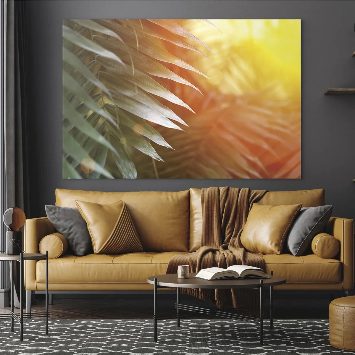 Glasbild - Bild auf glas - Palmblätter im Schein der Morgensonne in tropischer Umgebung - 70x50cm - Morgen im Dschungel - Moderne Wanddekoration für Wohnzimmer und Schlafzimmer ARTTOR
