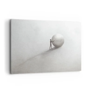 Bild auf Leinwand - Leinwandbild - Eine minimalistische Figur mit einem Ball auf einem hellen, monochromen Hintergrund. - 100x70cm - Das Spiel des Lebens - Moderne Wanddekoration für Wohnzimmer und Schlafzimmer ARTTOR