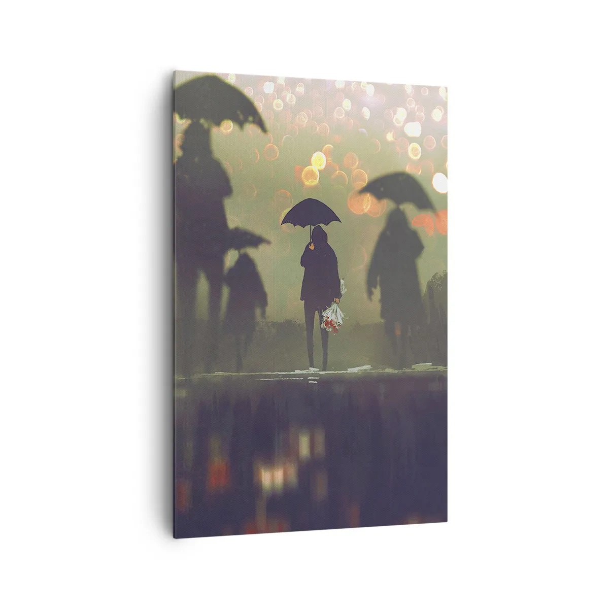 Bild auf Leinwand - Leinwandbild - Eine Figur mit einem Regenschirm an einem regnerischen Abend zwischen den Lichtern der Stadt - 80x120cm - Aus der Perspektive eines Regentropfens - Moderne Wanddekoration für Wohnzimmer und Schlafzimmer ARTTOR