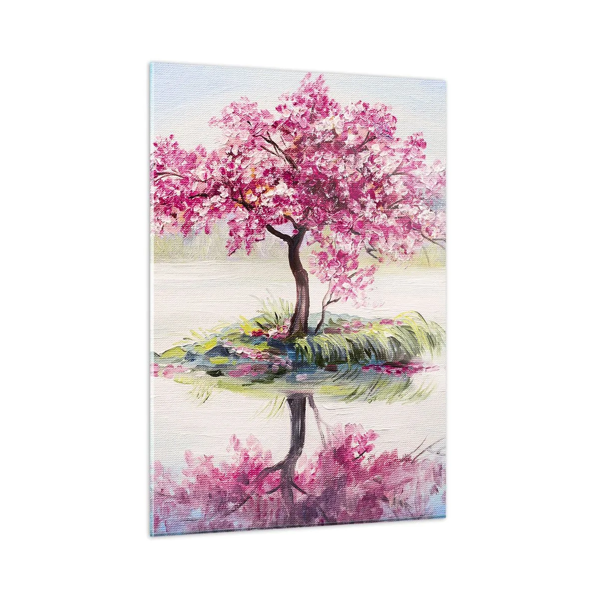Glasbild - Bild auf glas - Ein rosa Baum auf einer Insel, der sich im ruhigen Wasser spiegelt - 50x70cm - Der Ritus des Frühlings - Moderne Wanddekoration für Wohnzimmer und Schlafzimmer ARTTOR