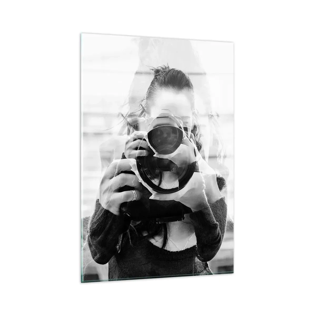 Glasbild - Bild auf glas - Schwarz-Weiß-Doppelbelichtungsporträt eines Fotografen - 80x120cm - Schöpfer und Material - Moderne Wanddekoration für Wohnzimmer und Schlafzimmer ARTTOR
