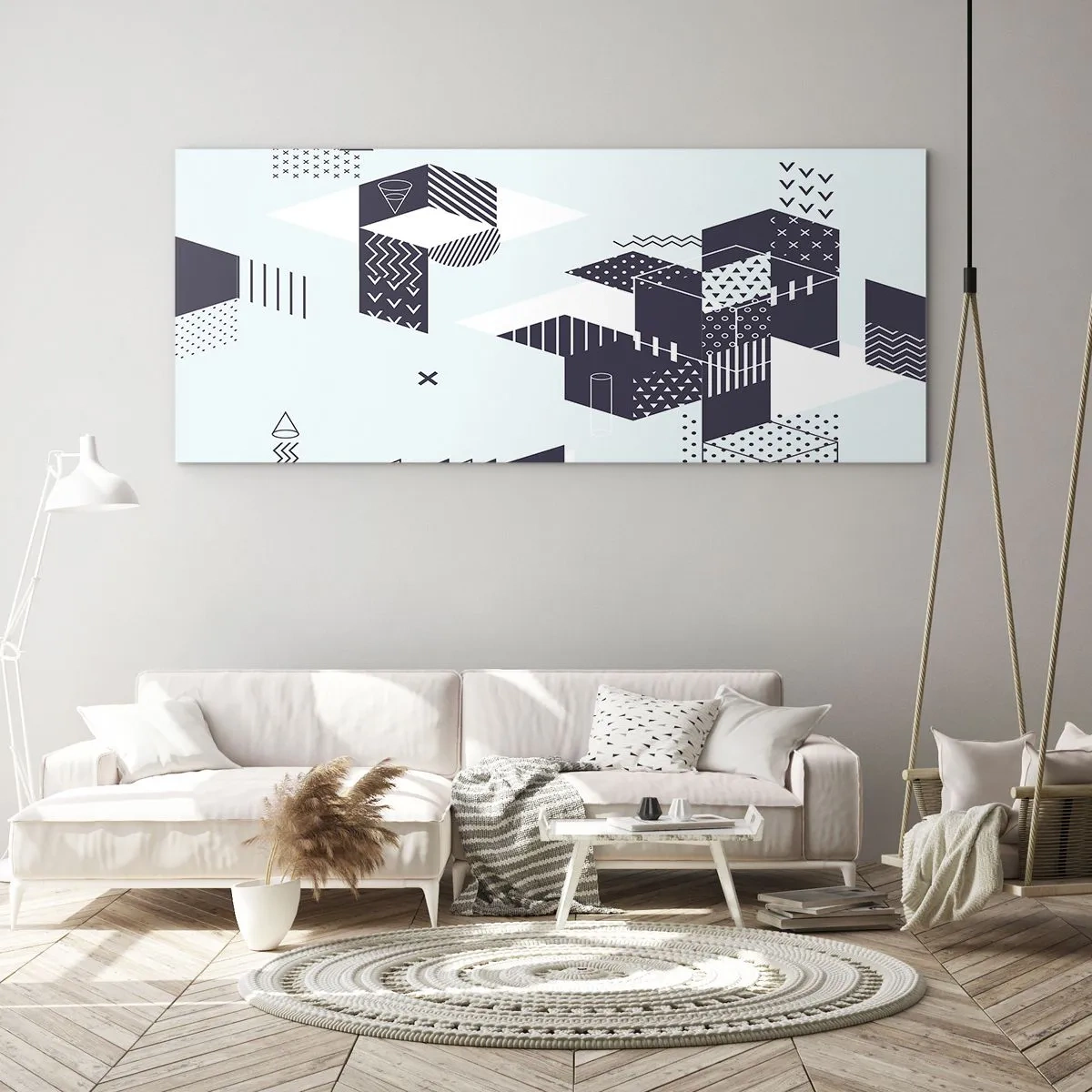 Glasbild - Bild auf glas - Moderne geometrische Grafiken in Weiß- und Marineblautönen - 140x50cm - In der Seele eines Mathematikers - Moderne Wanddekoration für Wohnzimmer und Schlafzimmer ARTTOR
