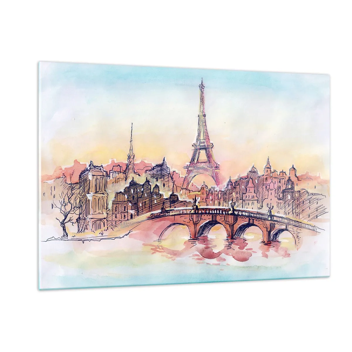 Glasbild - Bild auf glas - Ein Panorama von Paris mit dem Eiffelturm in einem zarten Aquarellstil - 120x80cm - Die einzige Stadt dieser Art auf der Welt - Moderne Wanddekoration für Wohnzimmer und Schlafzimmer ARTTOR