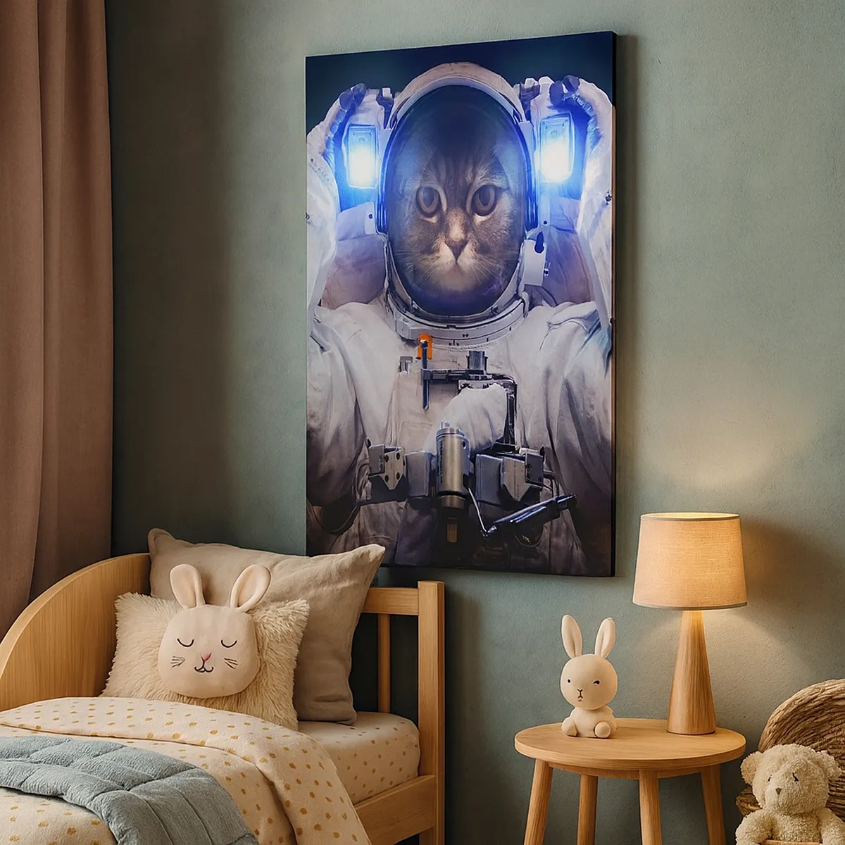 Bild auf Leinwand - Leinwandbild - Eine Katze im Astronautenanzug mit der Erde im Hintergrund und einem hellen Licht. - 50x70cm - Houston, du hast ein Problem - Moderne Wanddekoration für Wohnzimmer und Schlafzimmer ARTTOR